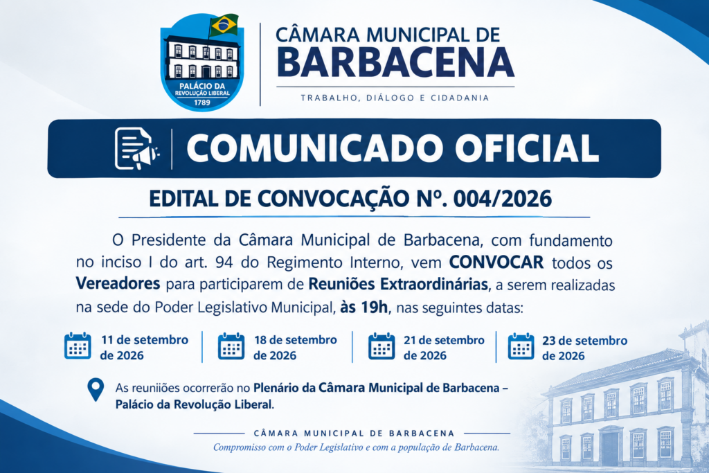 Câmara Municipal de Barbacena terá reuniões extraordinárias para apreciação de matérias legislativas